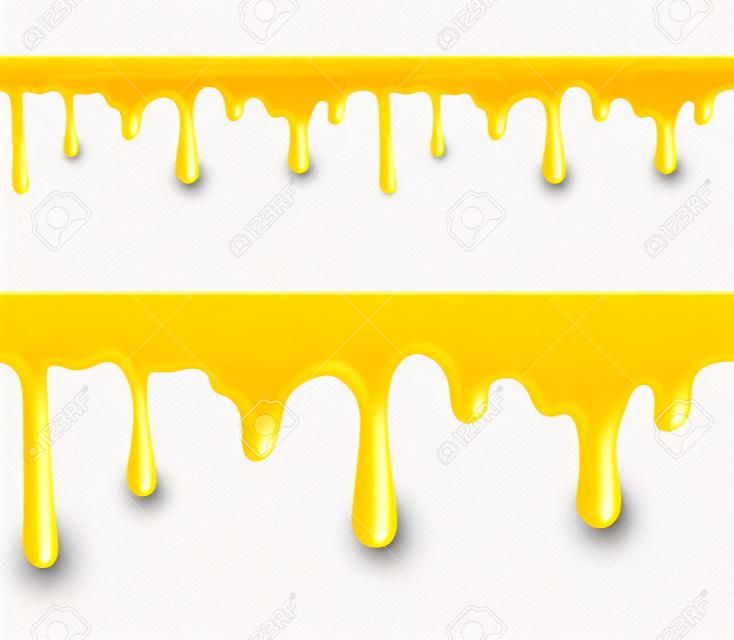 Sweet yellow honey drips seamless patterns on white background  