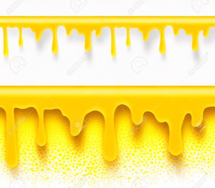 Sweet yellow honey drips seamless patterns on white background  