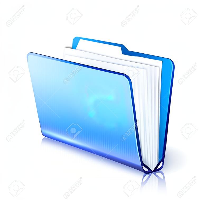 Niebieskie przezroczyste folder z papierami. Ikona dokumentu. ilustracji wektorowych.