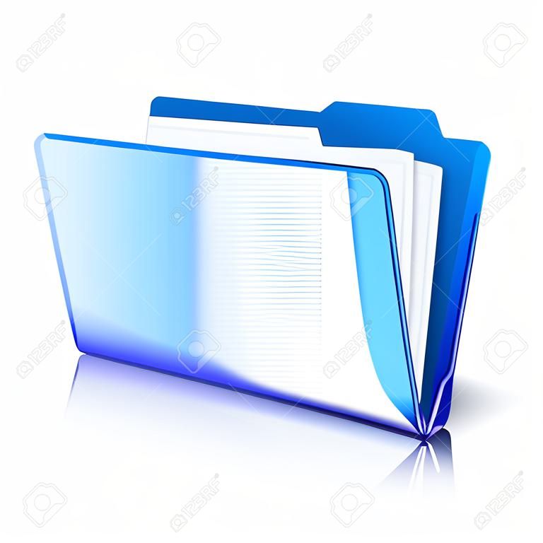 Blau transparent Ordner mit Papieren. Dokumentsymbol. Vektor-Illustration.