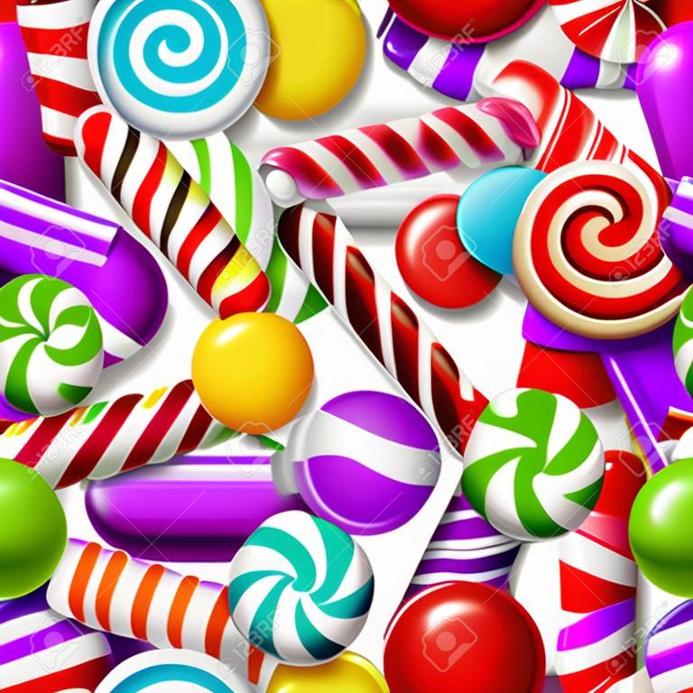 Hintergrund mit verschiedenen bunten Süßigkeiten. Nahtlose Muster. Vektor-Illustration