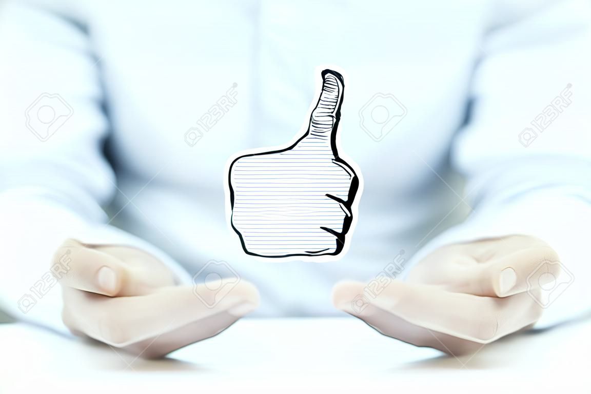 Man palm opening showing thumb up on white background