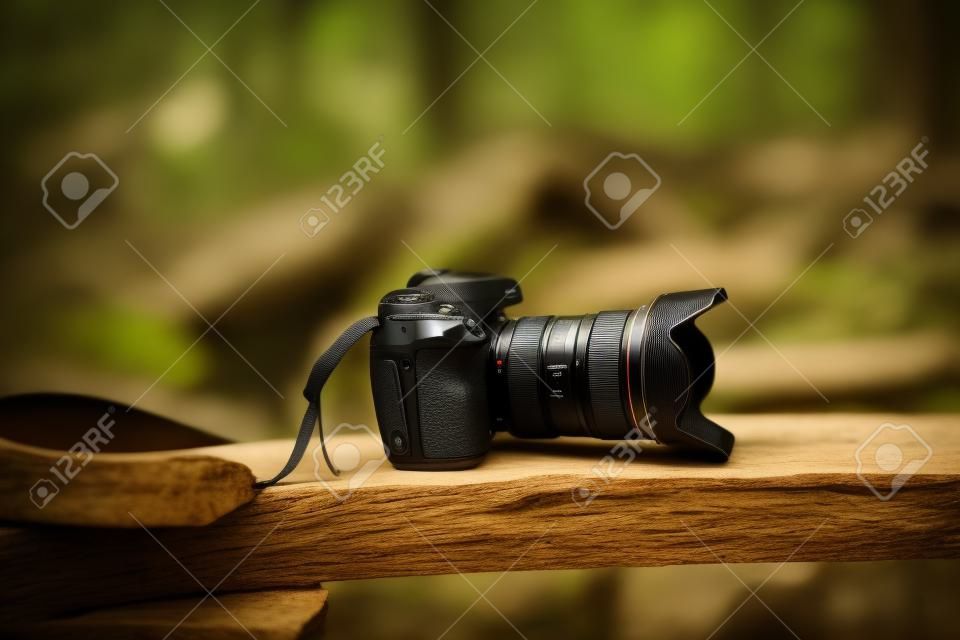 nuova fotocamera e obiettivo su legno nella foresta