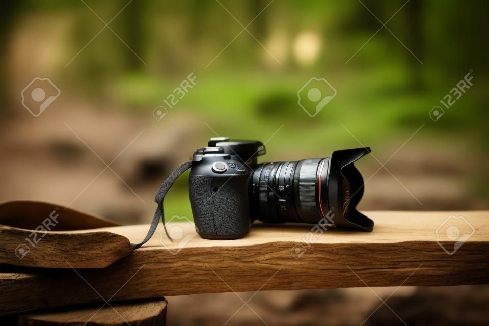 nuova fotocamera e obiettivo su legno nella foresta