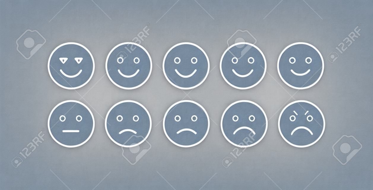 Vector icon set for mood tracker. Ten scale of silhouette emotion smiles from angry to happy isolated on white background. Emoticon element of UI design for client service rating, feedback survey