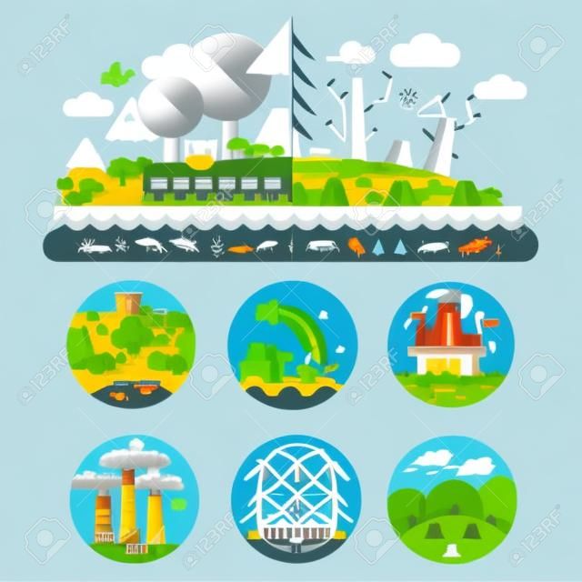 Ekolojik sorunlar: Hayvanların su dünya hava ormansızlaşma imha kirliliği. Mills ve fabrikalar. Orman manzara. Çevre Koruma. Vektör düz illüstrasyon ve amblemler set