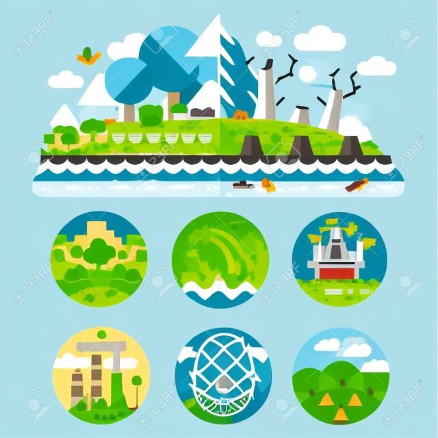 Ecological problems: pollution of water earth air deforestation destruction of animals. Mills and factories. Forest landscape. Environmental protection. Vector flat illustration and emblems set