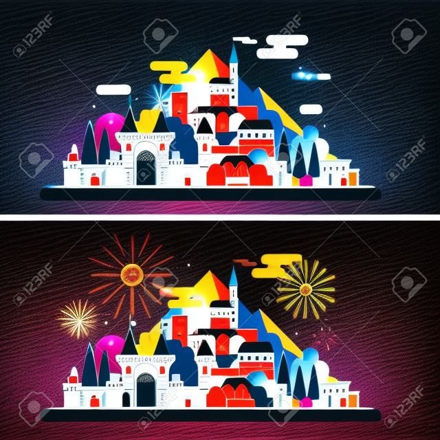 Paisaje mágico con el antiguo castillo medieval en las montañas. Día y noche. Festival, carnaval, fuegos artificiales, luces. Vector ilustración plana