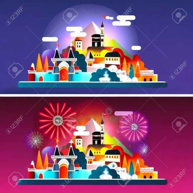 Магия пейзаж с древней средневекового замка в горах. День и ночь. Фестиваль, карнавал, фейерверк, огни. Вектор иллюстрация плоским