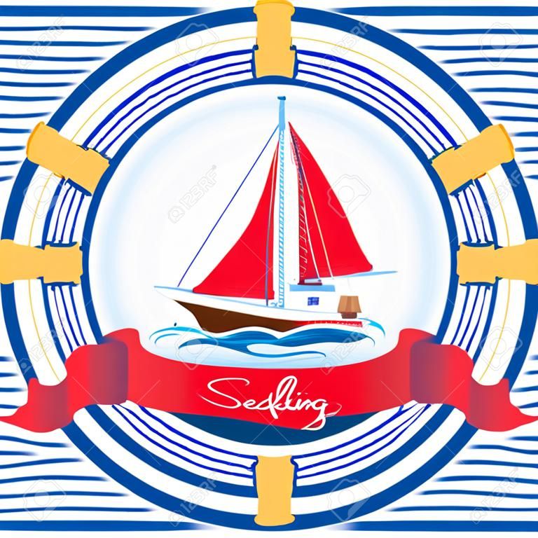 Round emblem with a boat with red sails, a steering wheel, a rope and a red ribbon on a blue background. Vector