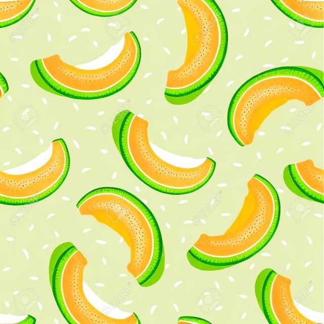 Melon slice seamless pattern on white background with seed, Fresh cantaloupe melon pattern background, Fruit vector illustration.