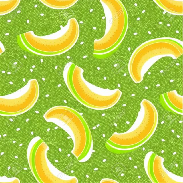 Melon slice seamless pattern on white background with seed, Fresh cantaloupe melon pattern background, Fruit vector illustration.