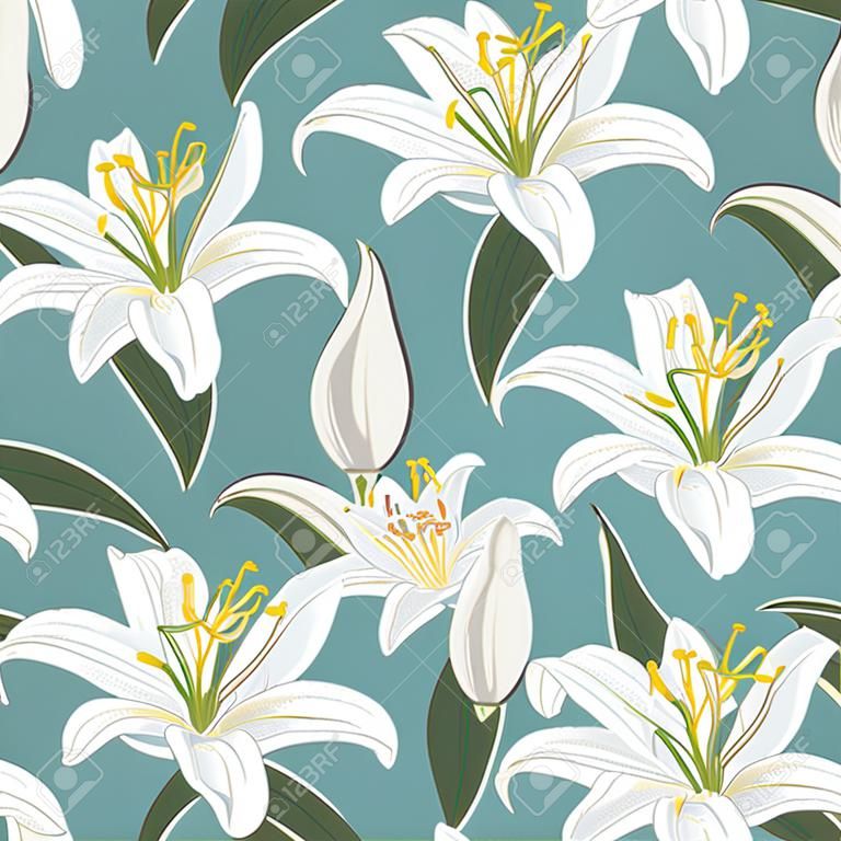 Lily flower seamless pattern on green background, white lily floral vector illustration