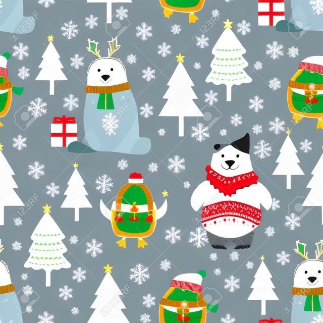 Modèle sans couture de Noël avec fond d'ours polaire, modèle d'hiver avec pingouin, papier d'emballage, motifs de remplissage, salutations d'hiver, arrière-plan de page Web, cartes de voeux de Noël et du nouvel an