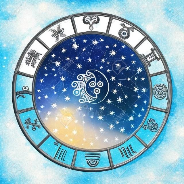 Cirkel met Zodiac teken. Horoscoop sterrenbeeld, sterren, zon en maan. Cyaan Waterverf stein, hand schilderen plek, hemel. Witte achtergrond. Artistieke vector illustratie.