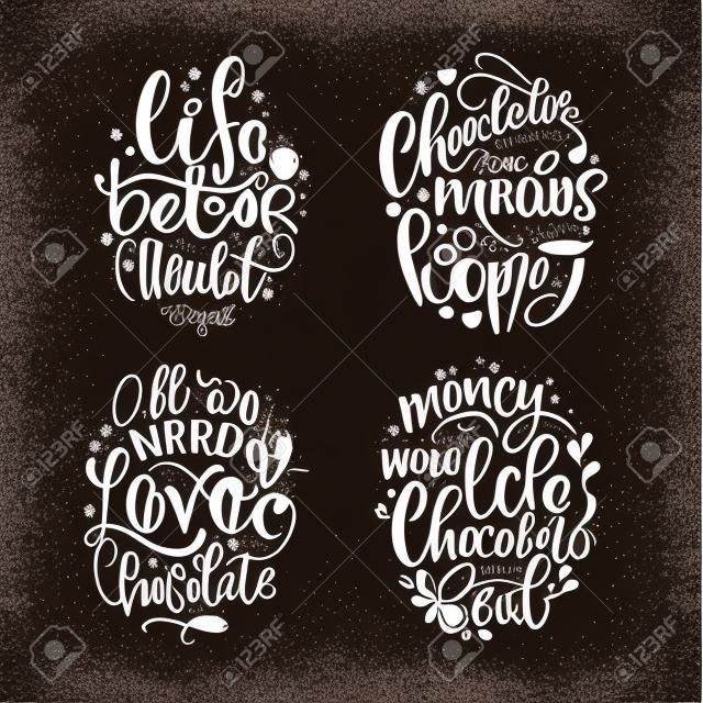 Chocolate hand lettering quotes set. Warm Christmas winter word composition. Vector design elements for t-shirts, bag, poster, card, stickers and menu