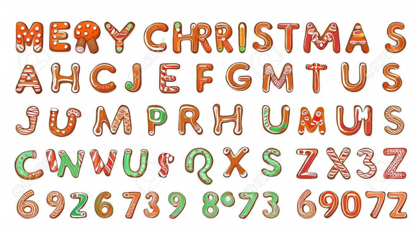 Christmas gingerbread cookies alphabet. Biscuit letters and characters for xmas messages and design. Vector illustration with sugar decorations.