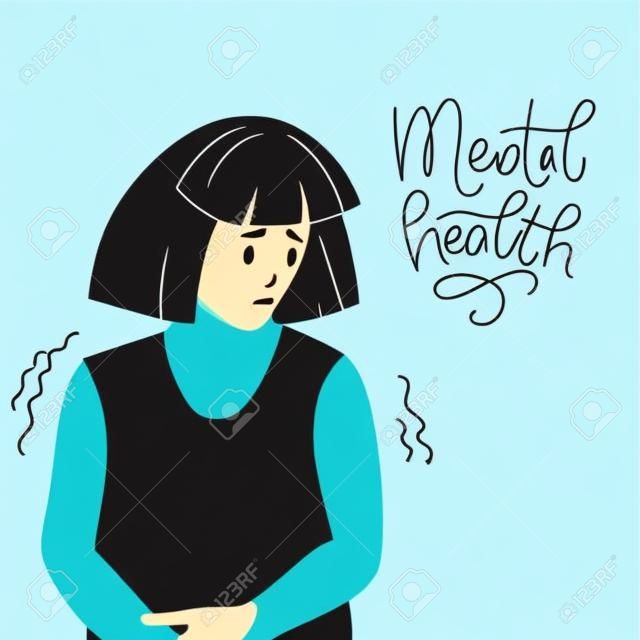 Konzept der psychischen Gesundheit. Traurige Frau mit Depressionen, die auf dem Boden sitzt. Bunte Vektorillustration in der flachen Karikaturart..