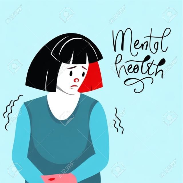 Konzept der psychischen Gesundheit. Traurige Frau mit Depressionen, die auf dem Boden sitzt. Bunte Vektorillustration in der flachen Karikaturart..