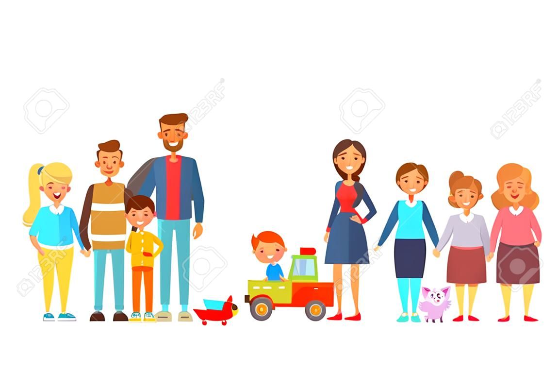 Big family portrait including kids, parents and grandparents. Cartoon characters isolated on white background. Vector illustration eps 10