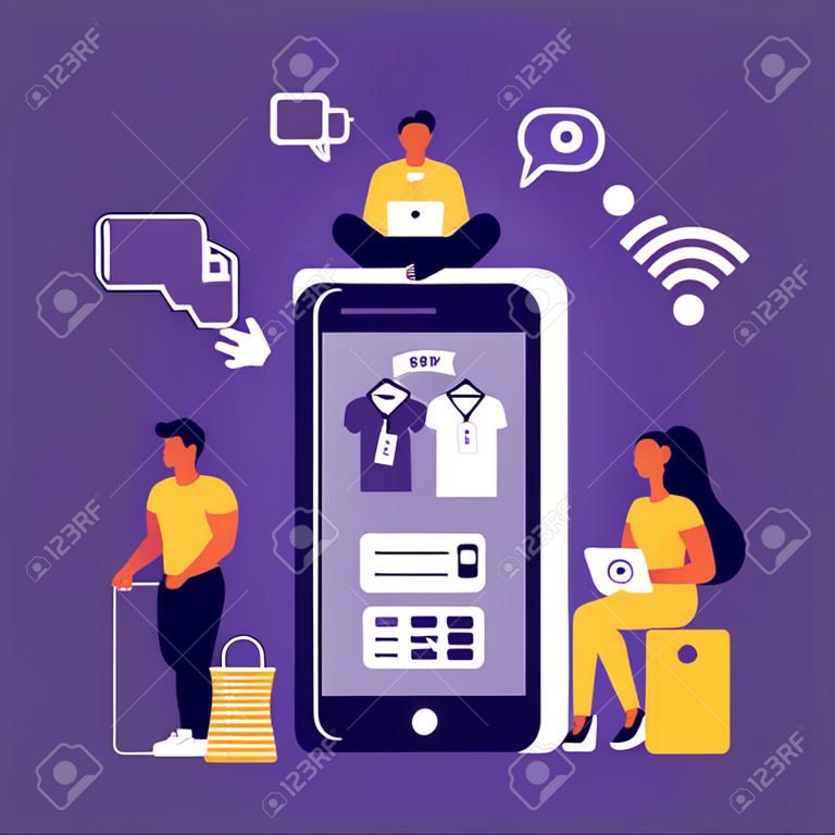Business people, man and woman shop online using smartphone, in flat modern style. Concept for Mobile shopping, e-commerce and online store. Vector illustration eps 10