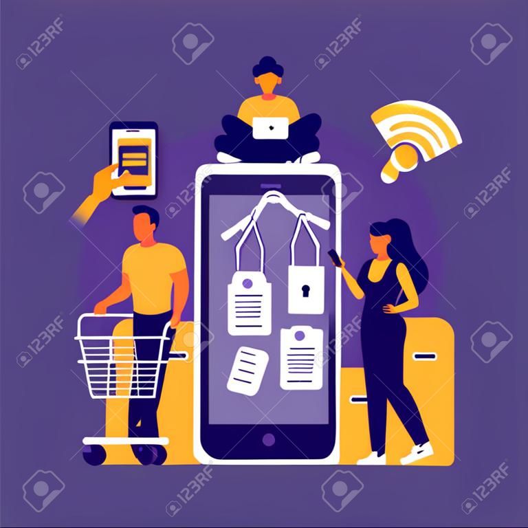 Pessoas de negócios, homem e mulher compram on-line usando smartphone, em estilo moderno plano. Conceito para compras móveis, comércio eletrônico e loja on-line. Ilustração vetorial eps 10