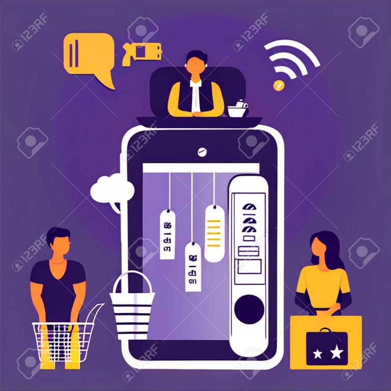 Pessoas de negócios, homem e mulher compram on-line usando smartphone, em estilo moderno plano. Conceito para compras móveis, comércio eletrônico e loja on-line. Ilustração vetorial eps 10