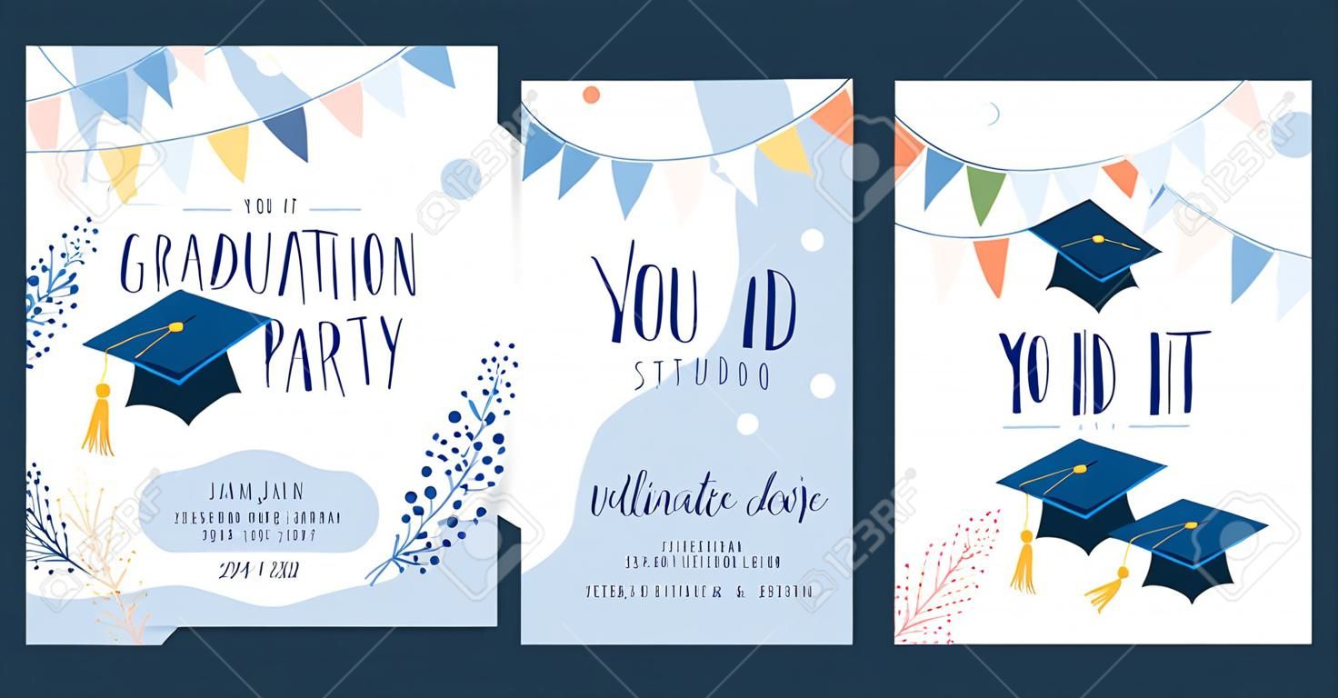 Graduation party vector background, light invite card template. You did it text quote. Graduate design with cap, flags, plants, dots, organic shapes. Modern art minimalist style. Back and front side