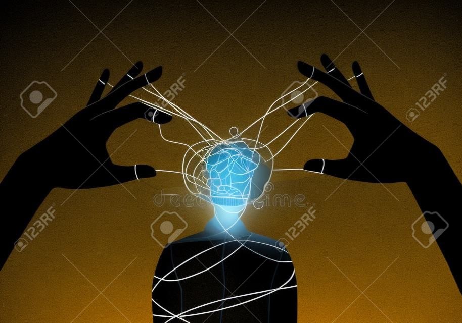 Illustrazione vettoriale del concetto di manipolatore. le mani del burattinaio manipolano la mente dell'uomo, la silhouette. background di sfruttamento del dominio. corde di controllo mentale