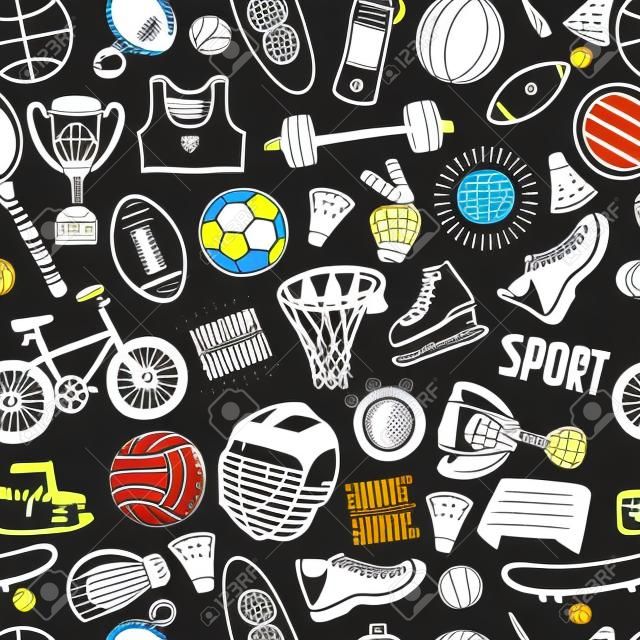 Hand drawn doodle sport background. Vector cartoon pattern with sport icons