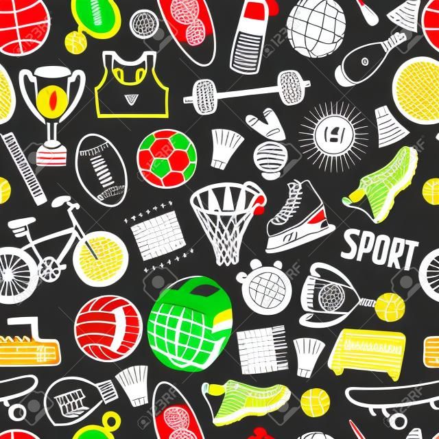 Hand drawn doodle sport background. Vector cartoon pattern with sport icons