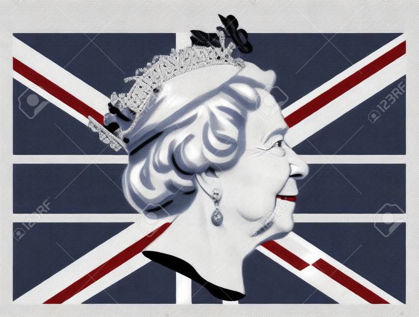queen Elizabeth II and UK flag