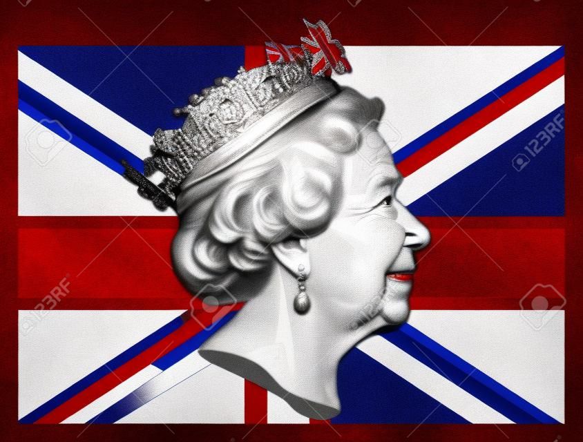 queen Elizabeth II and UK flag