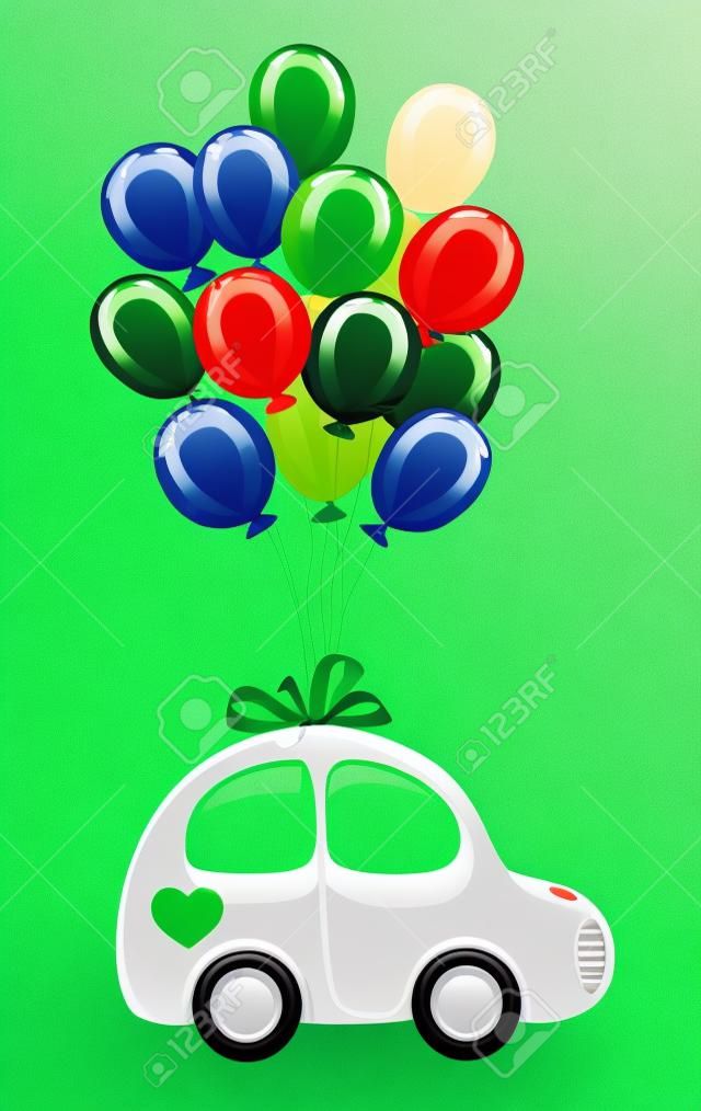 De groene auto met ballonnen.