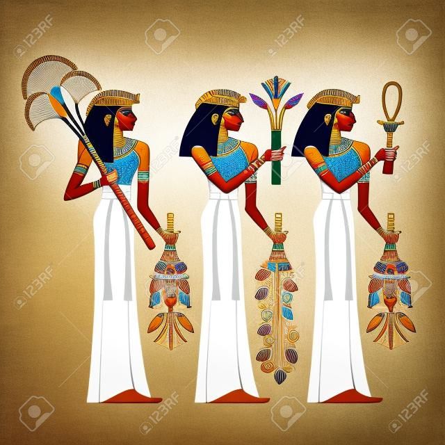 흰색 배경에 고립 된 이집트 여자의 그림입니다. 고대 이집트 아이콘으로 된 벽화