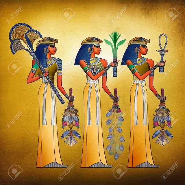 Illustration der ägyptischen Frau getrennt auf weißem Hintergrund. Wandbilder mit alten Ägypten-Ikonen