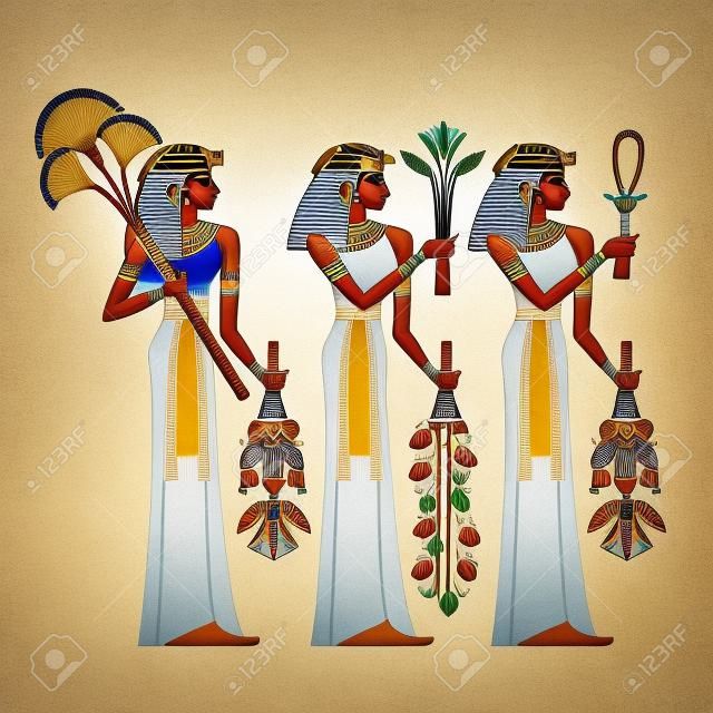 Ilustración de la mujer egipcia aislada en el fondo blanco. Murales con iconos del antiguo Egipto