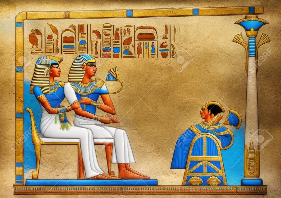 Two egyptian couple sitting and watch something Murals with ancient egypt icons.
