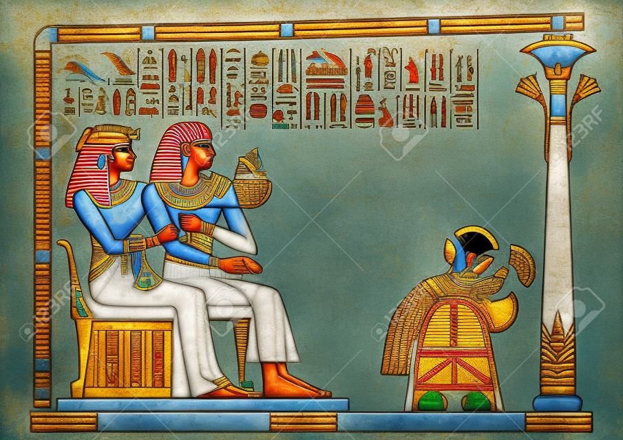 Deux couple égyptien assis et regarder quelque chose de murales avec des icônes de l'Égypte ancienne.