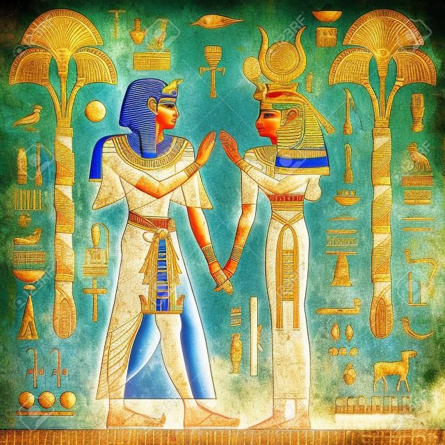 Antigo mural do Egito. Mitologia egípcia. Cultura antiga cantar e símbolo. Fundo histórico. Deusa antiga.