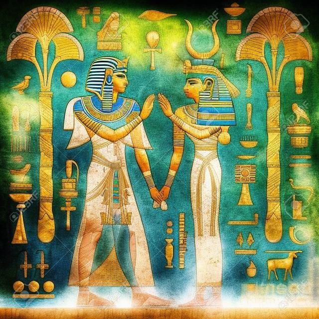 Antigo mural do Egito. Mitologia egípcia. Cultura antiga cantar e símbolo. Fundo histórico. Deusa antiga.