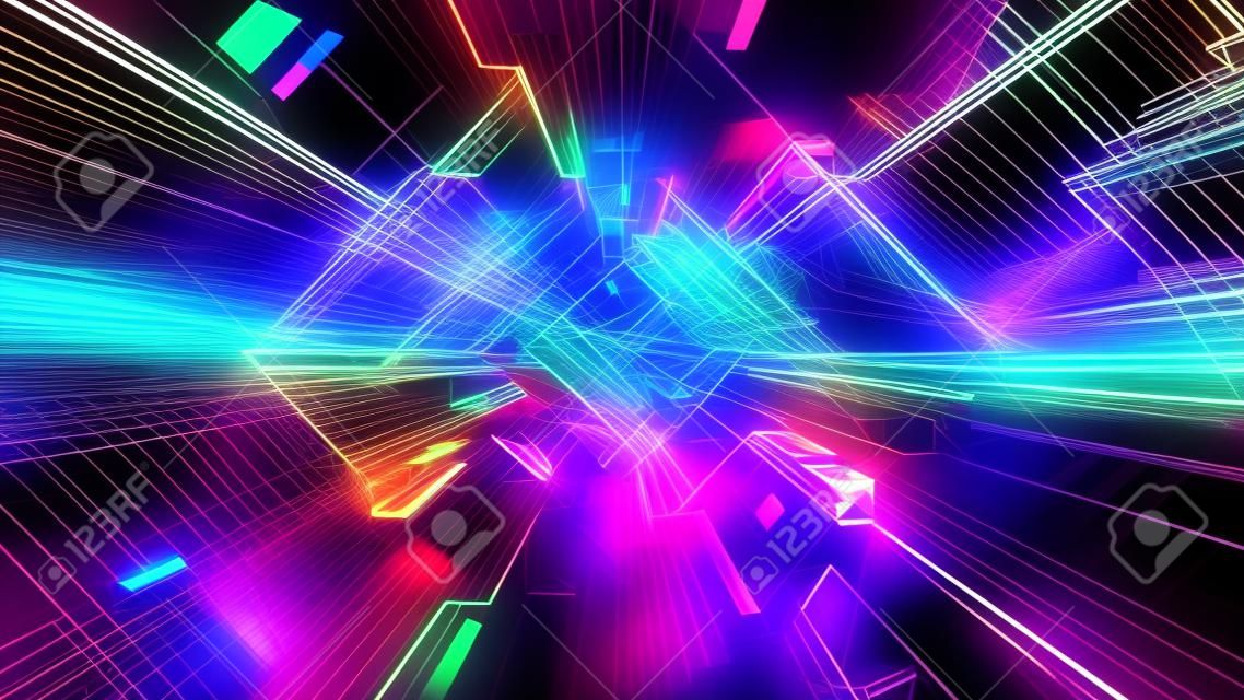 3D Render. Abstract neon lines move in space. Background for music videos, night clubs, audiovisual show and performance, LED screens and projection mapping