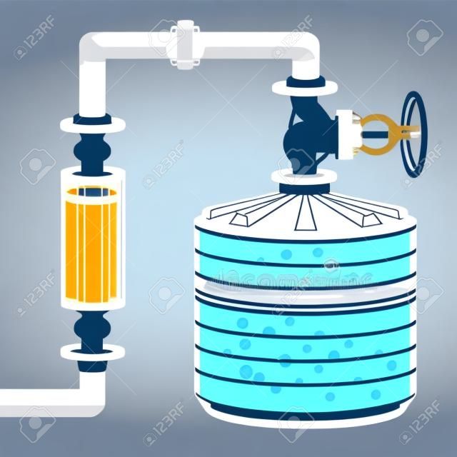 Infographics scheme with liquid, water tank and pipes. Vector illustration