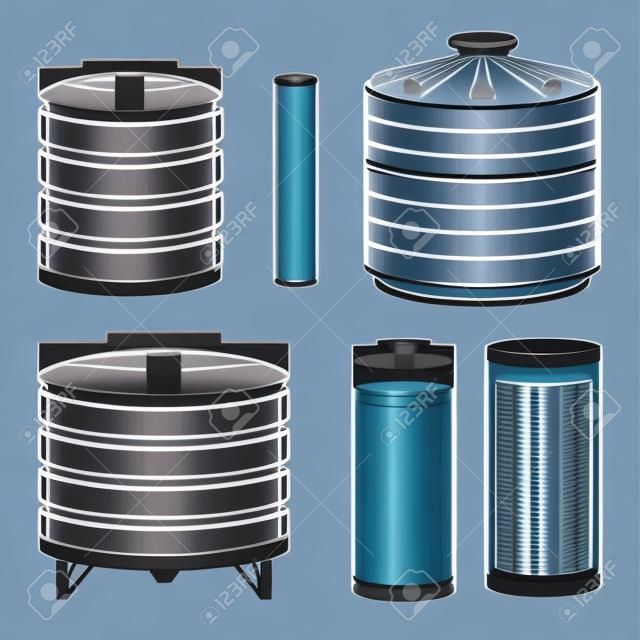 Industrial water tanks full set. Vector illustration