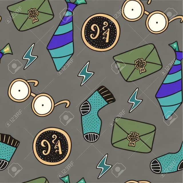Witches school magical objects seamless pattern in doodle style. Vector illustration - Vector