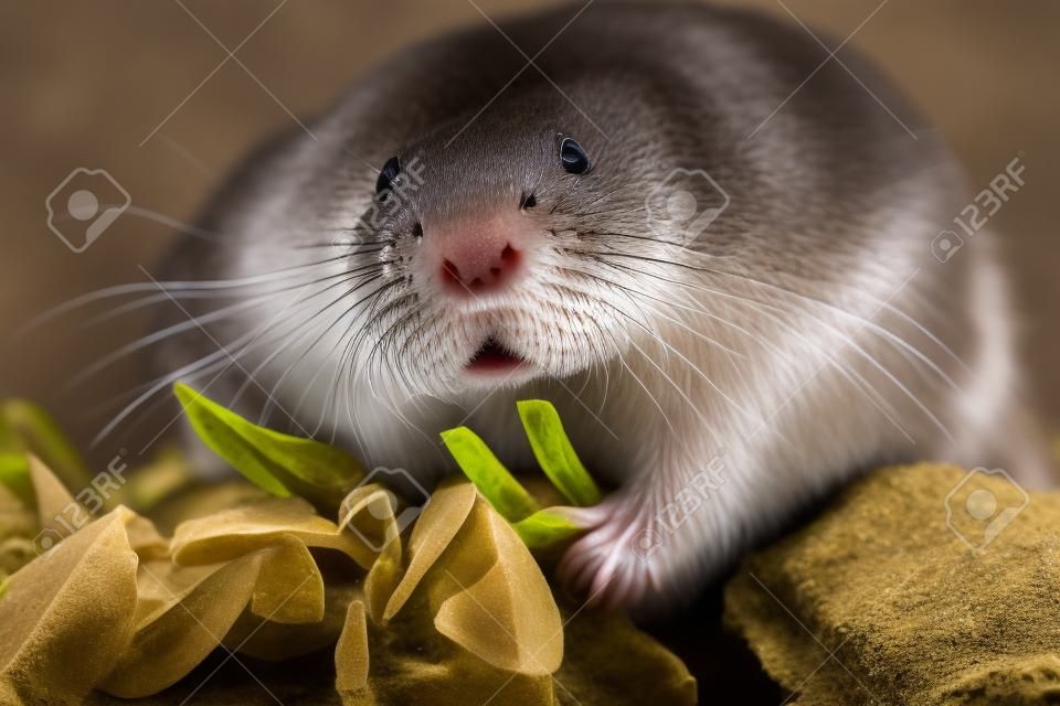 macro portrait of lesser mole rat ( Spalax leucodon ) showing large teeths
