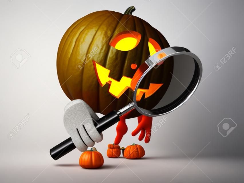 Halloween pumpkin character holding magnifying glass isolated on white background