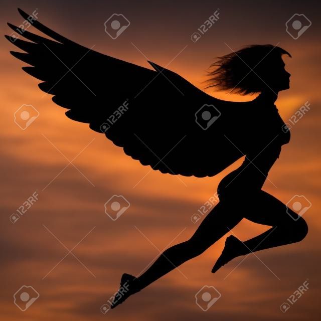 silhouet van een vrouw met vleugels vliegen