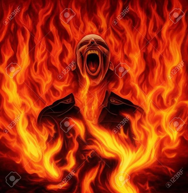 Festett illusztráció egy sikoltozó ember lángokban