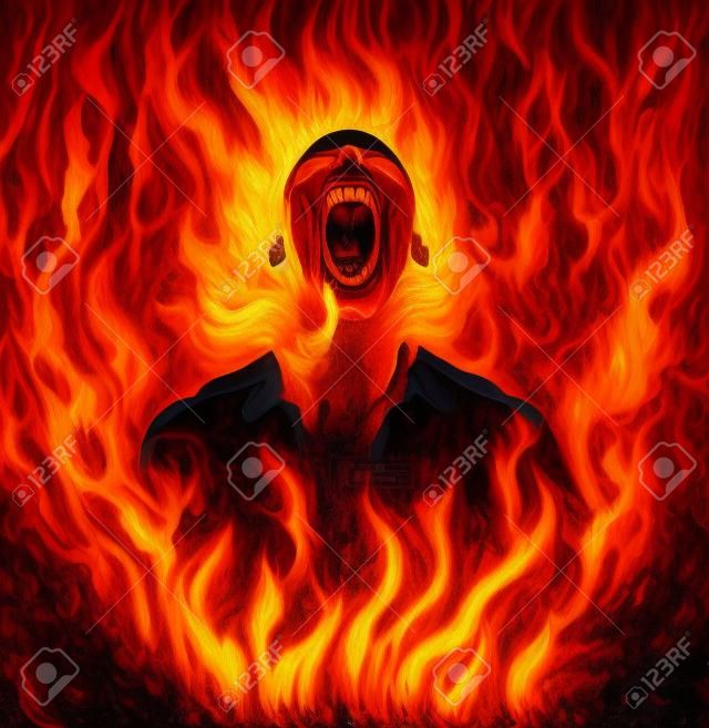 Ilustración de un hombre en llamas gritos de pintado